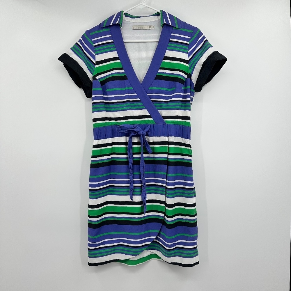 Karen Millen Dress Women 8 Blue Wrap Green Stripes Nautical Coastal Short Sleeve